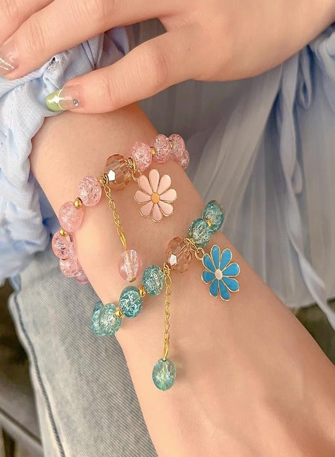 POYAMUSE Colorful Flower Charm Bracelet - Boho Daisy Accessory with Crystal Beads Bracelet for Women-pink - Image 3